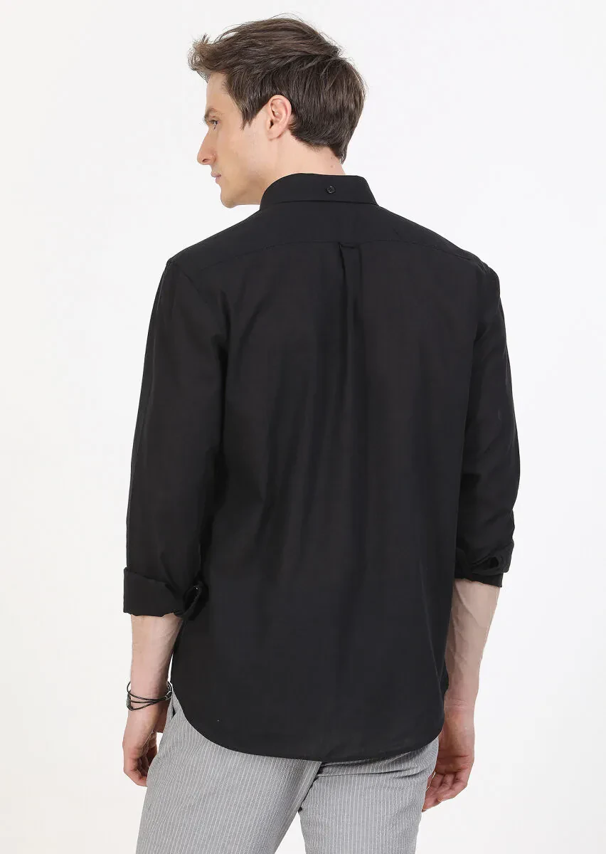 Siyah Düz Regular Fit Dokuma Casual %100 Pamuk Gömlek - 5