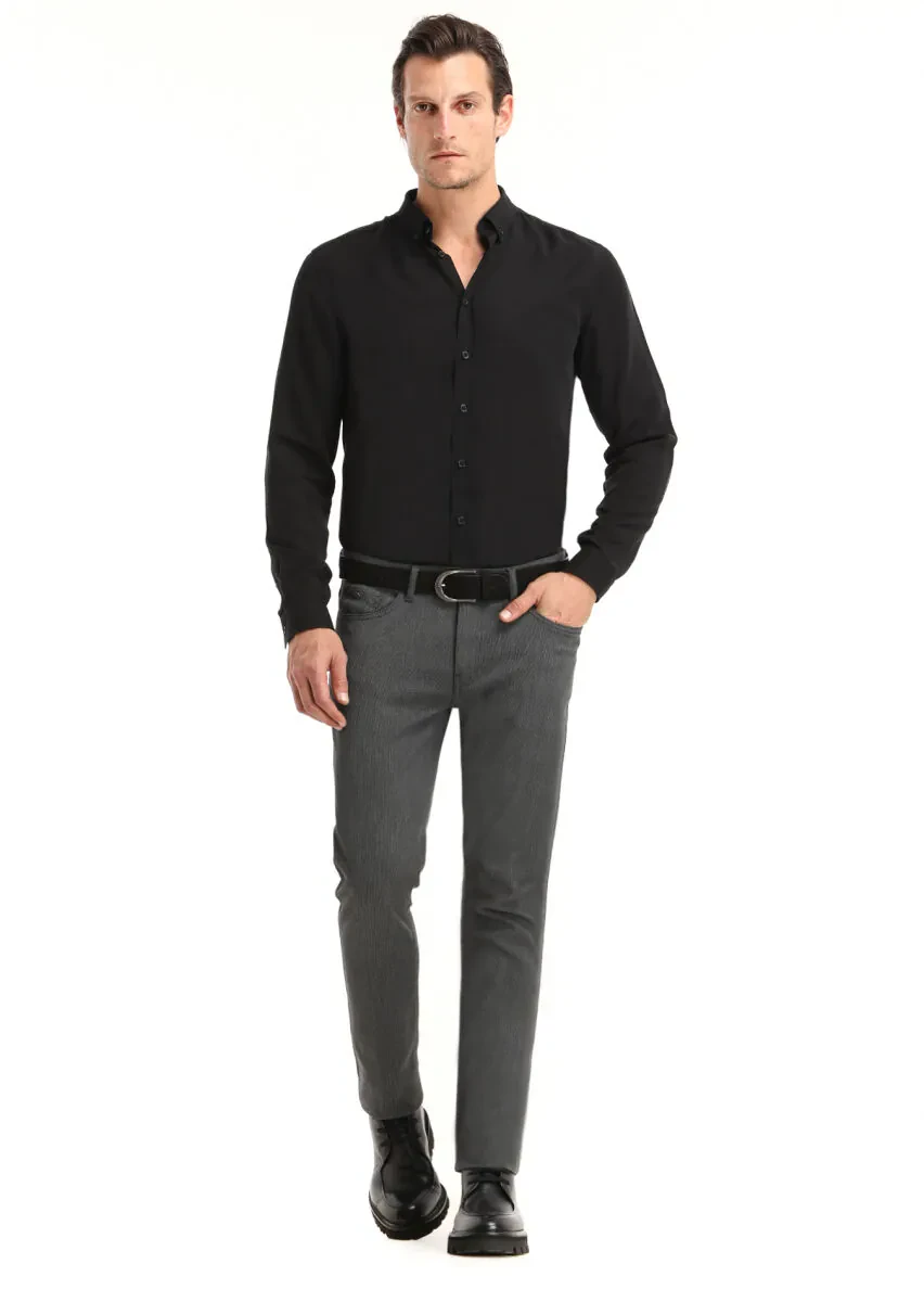 Siyah Düz Regular Fit Dokuma Casual Gömlek - 1