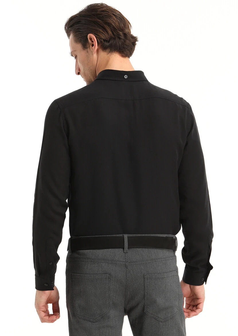 Siyah Düz Regular Fit Dokuma Casual Gömlek - 4