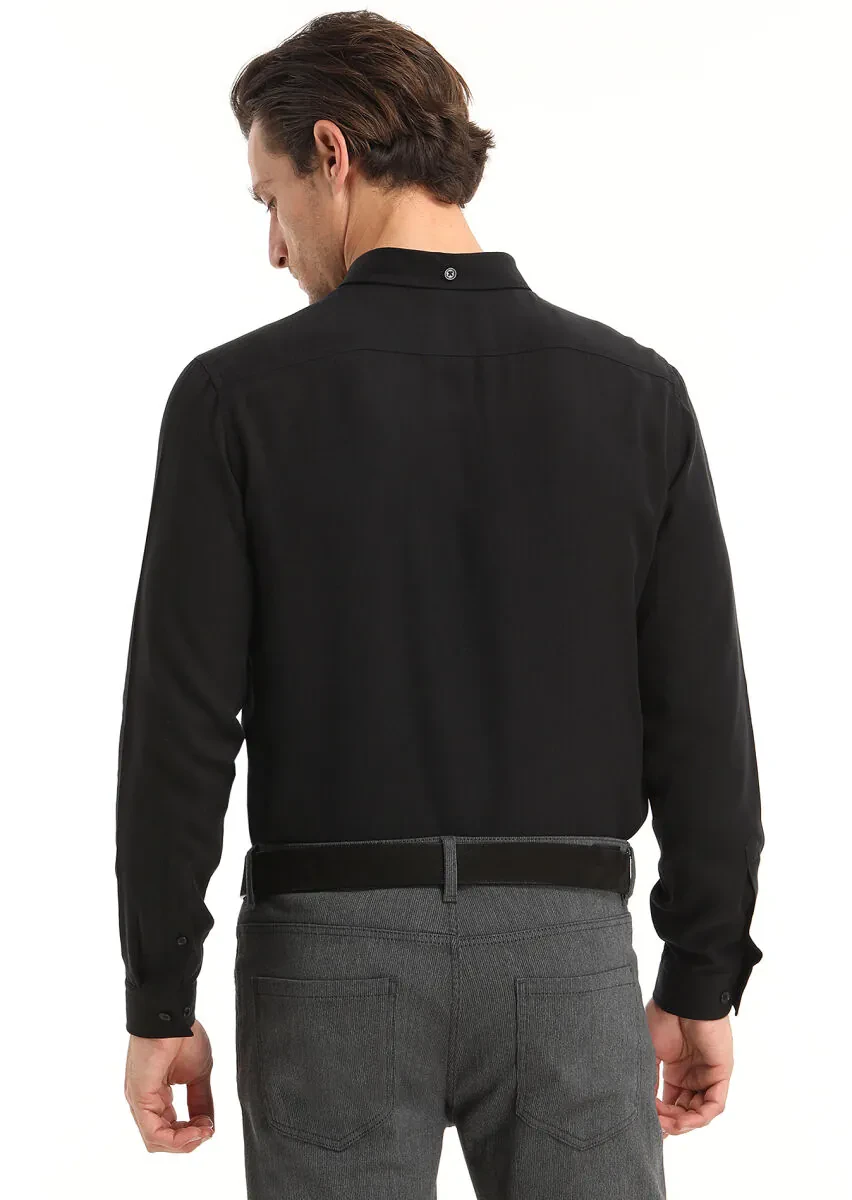Siyah Düz Regular Fit Dokuma Casual Gömlek - 4