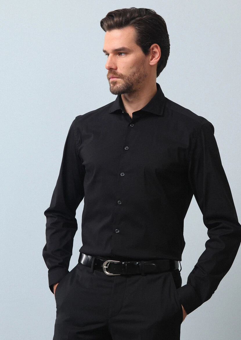 Siyah Düz Regular Fit Dokuma Casual Pamuk Karışımlı Gömlek - 1