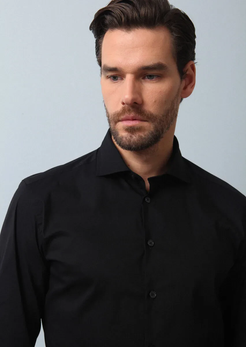 Siyah Düz Regular Fit Dokuma Casual Pamuk Karışımlı Gömlek - 2