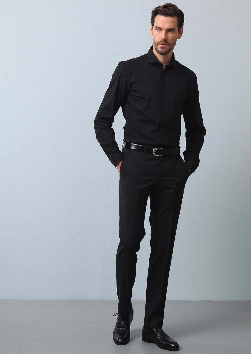 Siyah Düz Regular Fit Dokuma Casual Pamuk Karışımlı Gömlek - 4