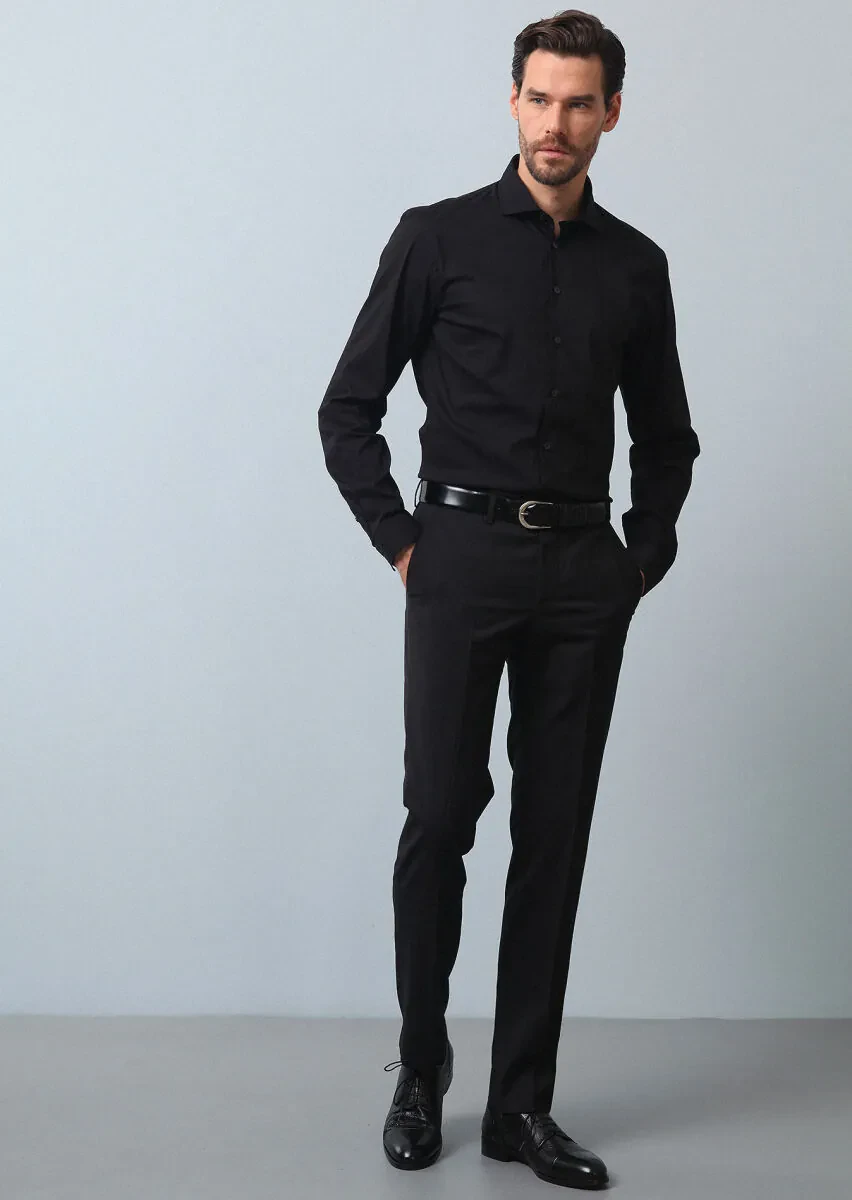 Siyah Düz Regular Fit Dokuma Casual Pamuk Karışımlı Gömlek - 4