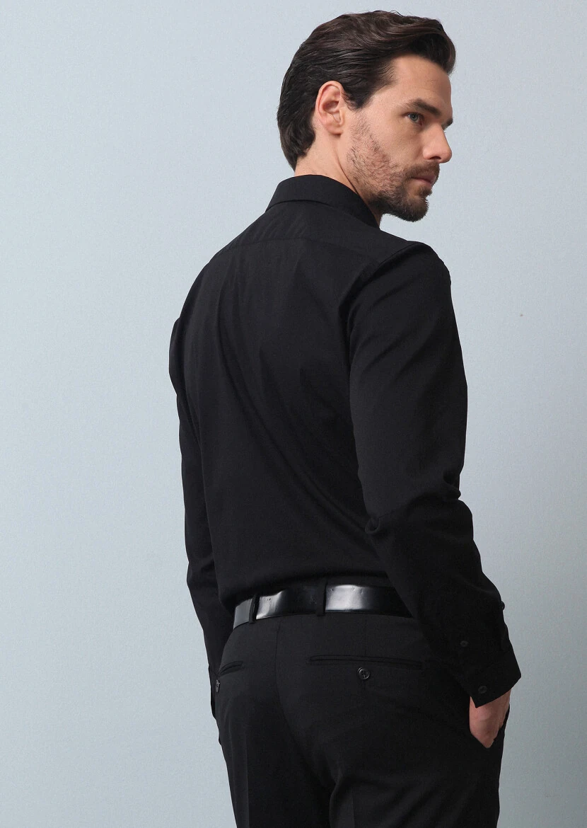 Siyah Düz Regular Fit Dokuma Casual Pamuk Karışımlı Gömlek - 5