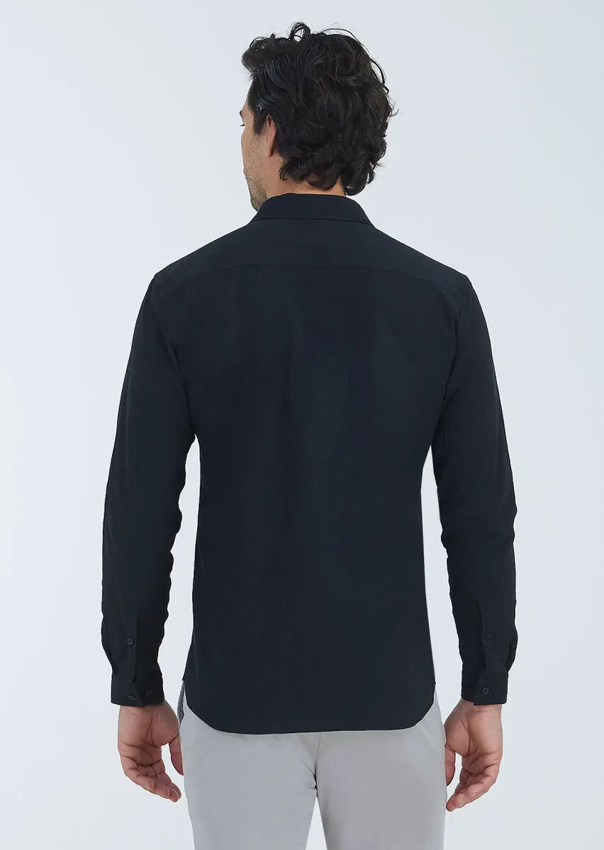 Siyah Düz Regular Fit Dokuma Casual Pamuk Karışımlı Gömlek - 5