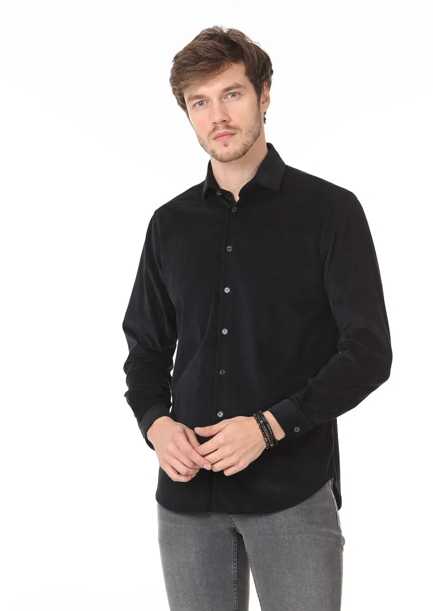 Siyah Düz Regular Fit Dokuma Kadife Casual Pamuk Karışımlı Gömlek - 1