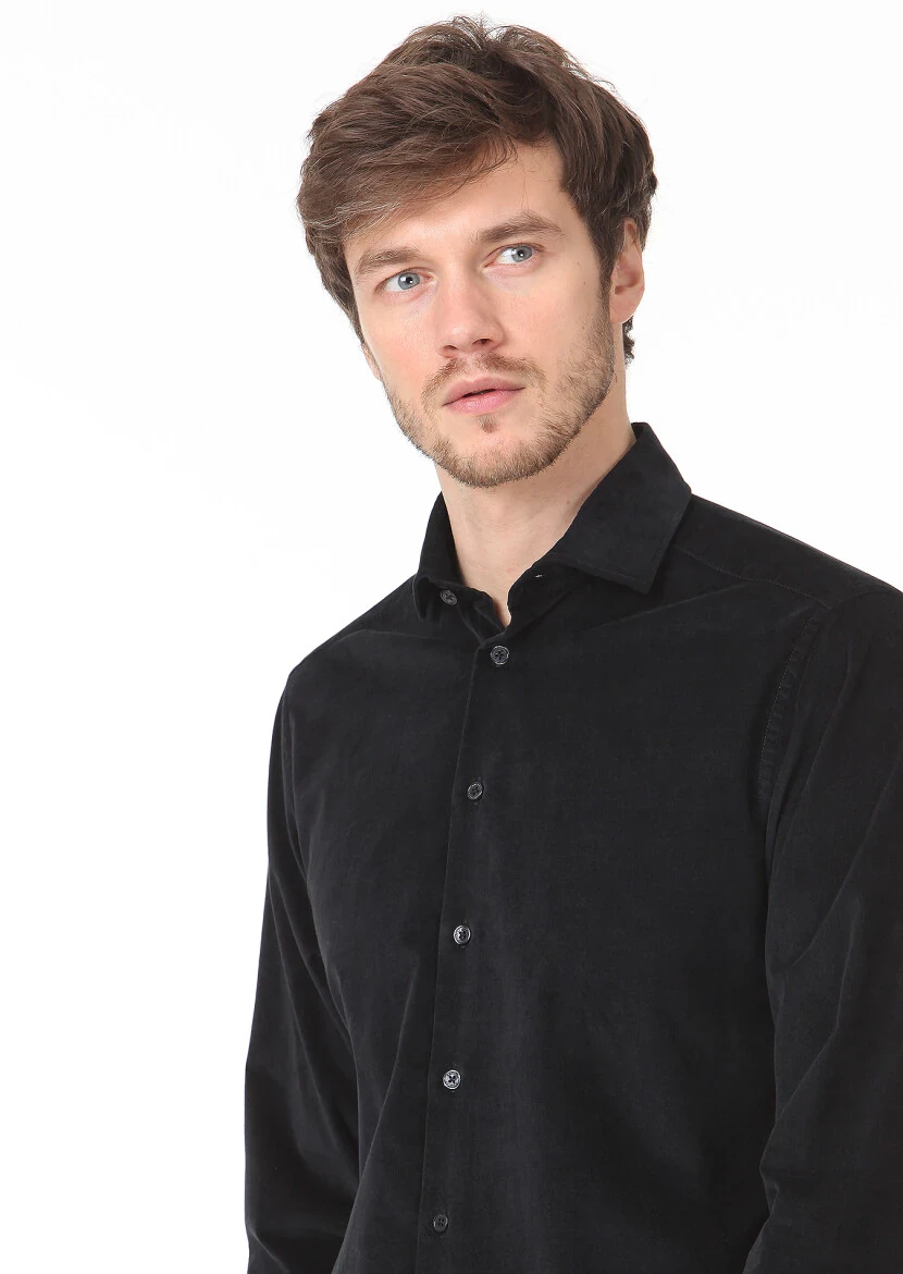 Siyah Düz Regular Fit Dokuma Kadife Casual Pamuk Karışımlı Gömlek - 2