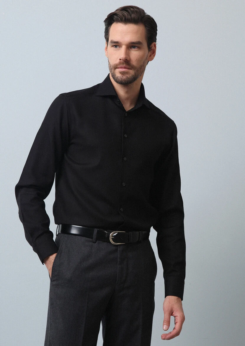 Siyah Düz Regular Fit Dokuma Klasik %100 Pamuk Gömlek - 1