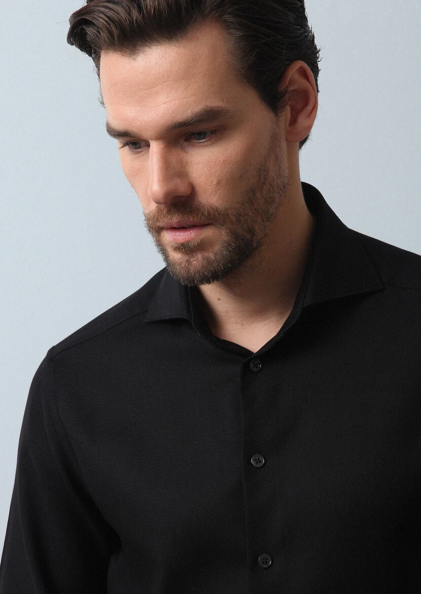 Siyah Düz Regular Fit Dokuma Klasik %100 Pamuk Gömlek - 2