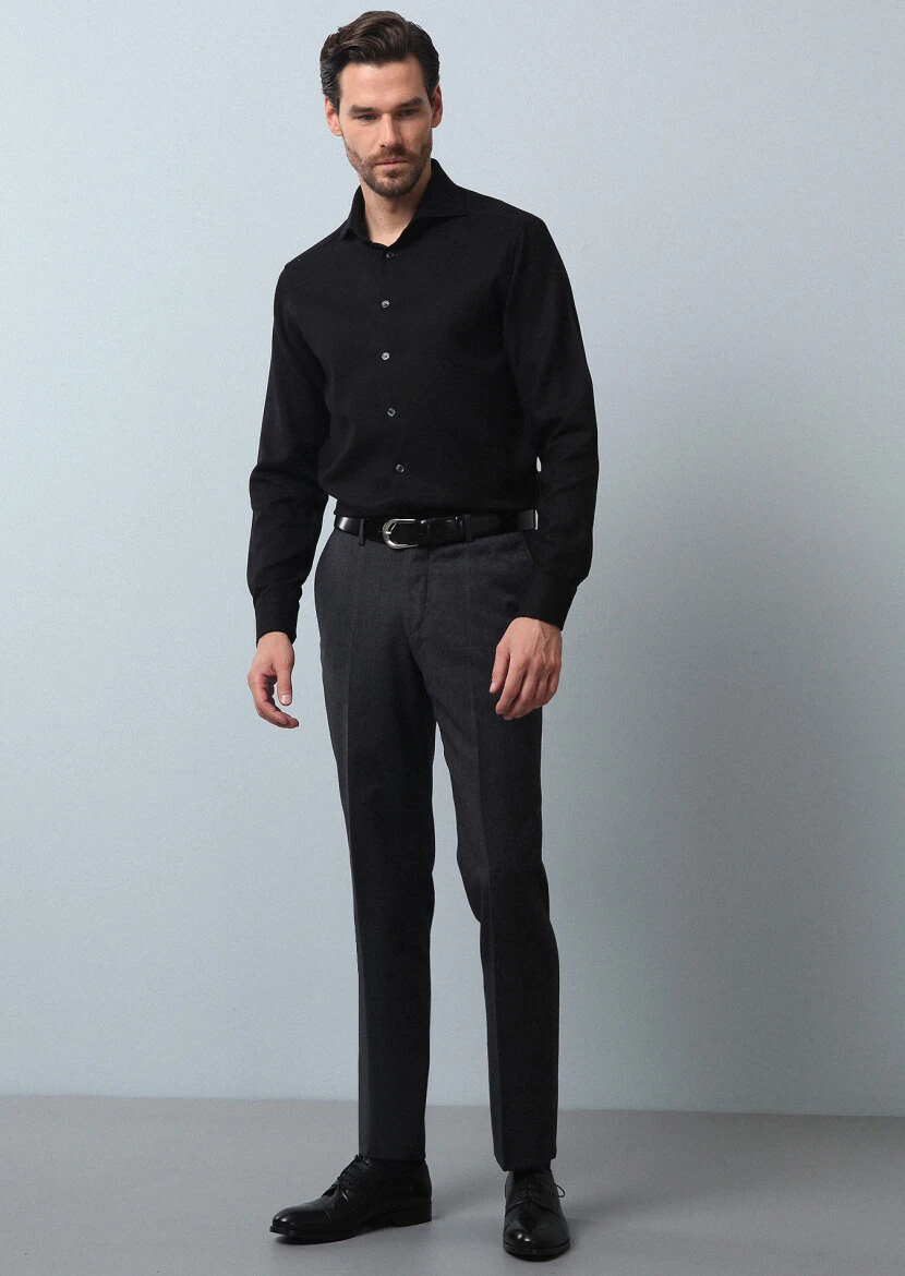 Siyah Düz Regular Fit Dokuma Klasik %100 Pamuk Gömlek - 3