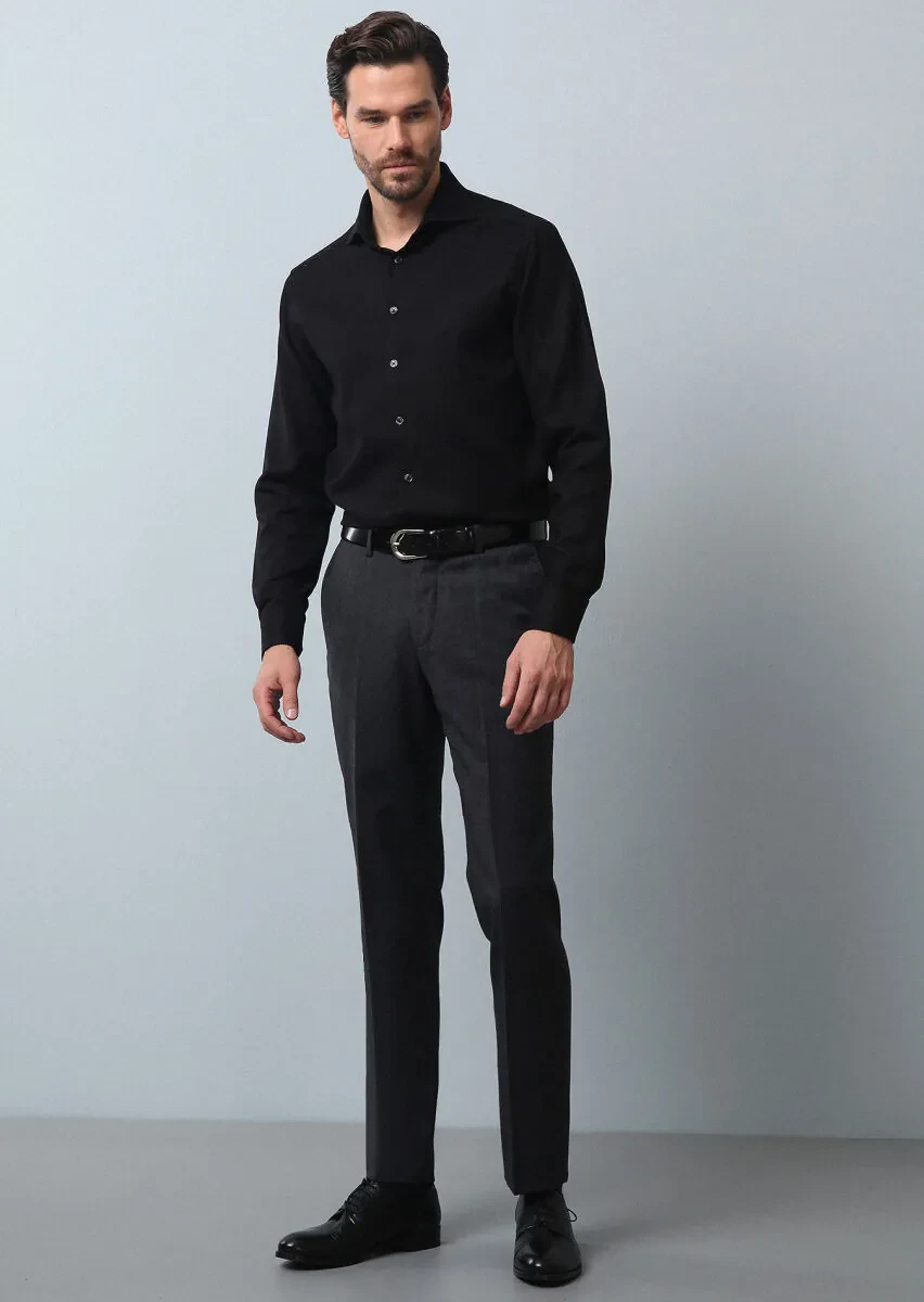 Siyah Düz Regular Fit Dokuma Klasik %100 Pamuk Gömlek - 3