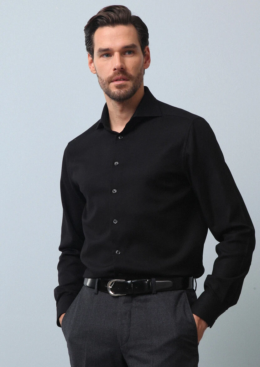 Siyah Düz Regular Fit Dokuma Klasik %100 Pamuk Gömlek - 4