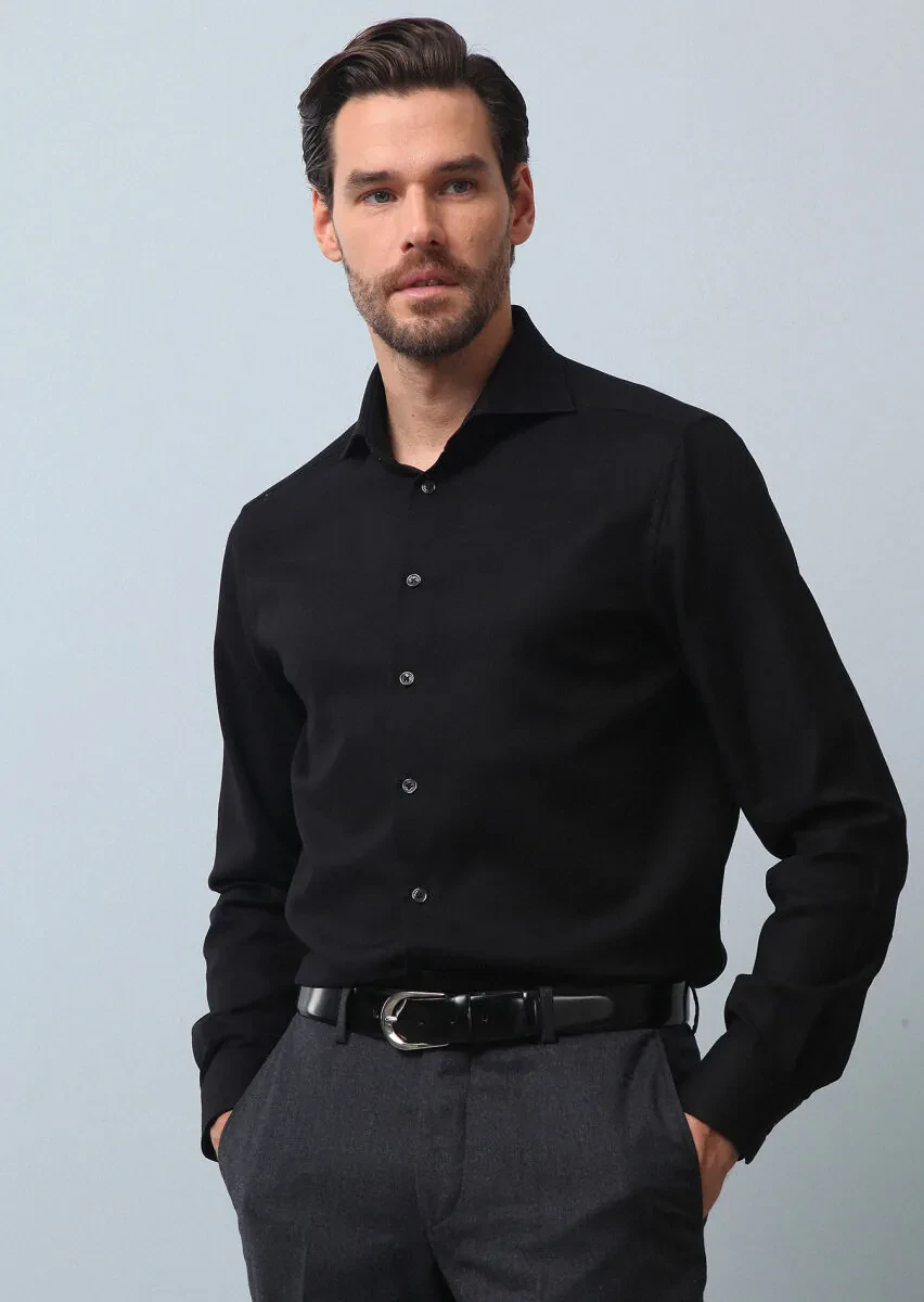 Siyah Düz Regular Fit Dokuma Klasik %100 Pamuk Gömlek - 4