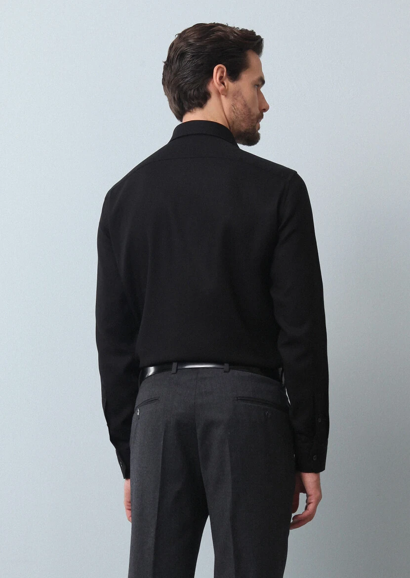 Siyah Düz Regular Fit Dokuma Klasik %100 Pamuk Gömlek - 5