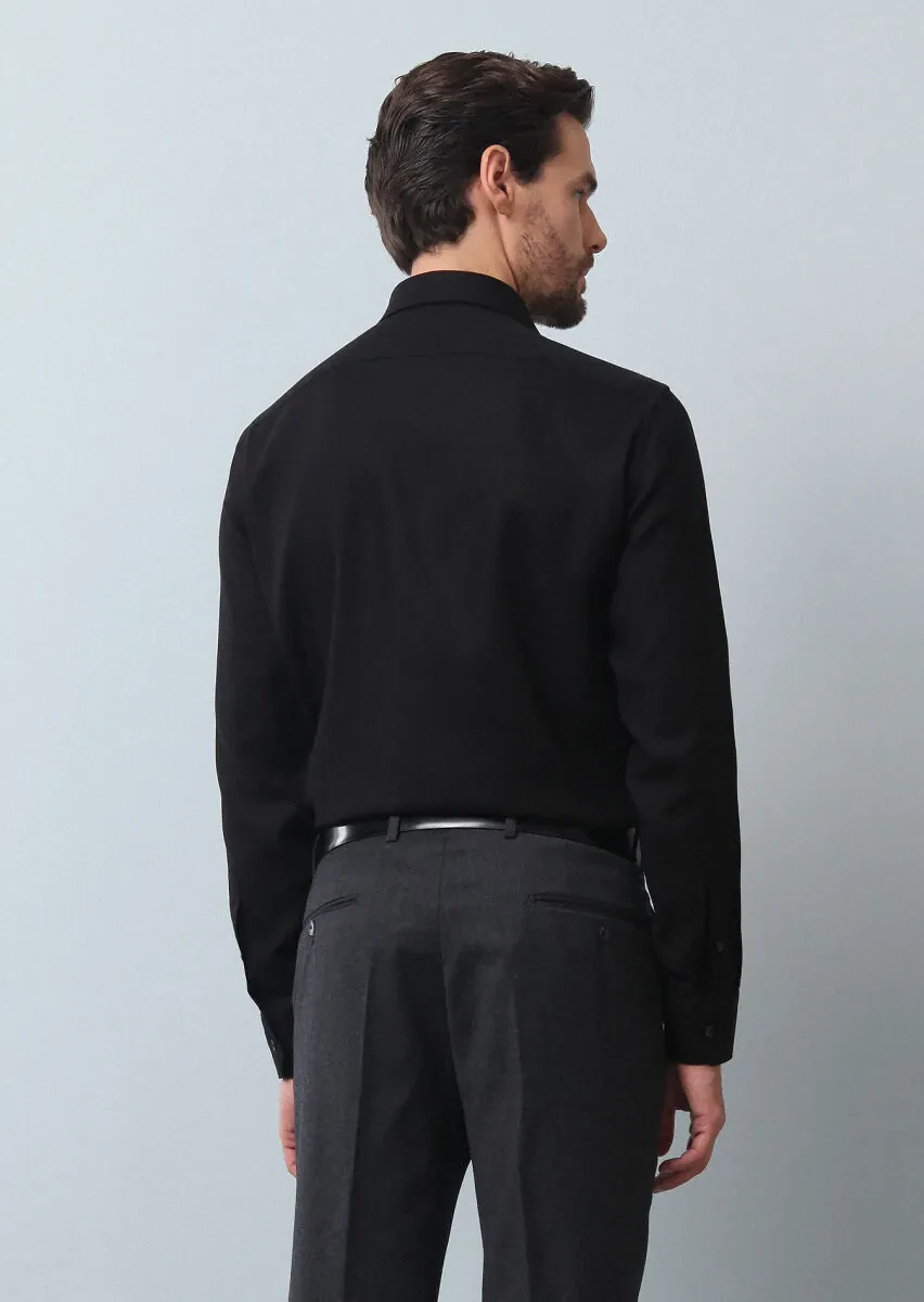 Siyah Düz Regular Fit Dokuma Klasik %100 Pamuk Gömlek - 5