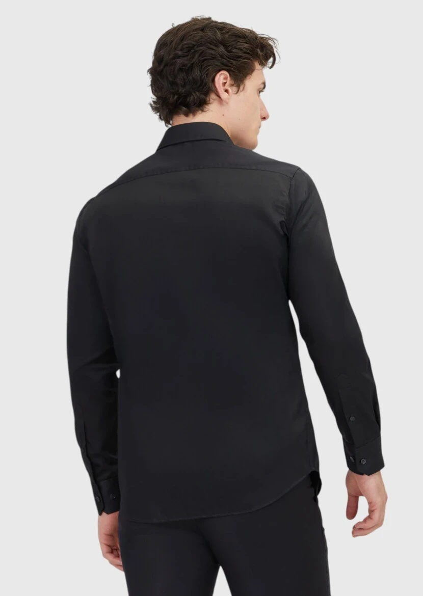 Siyah Düz Regular Fit Dokuma Klasik %100 Pamuk Gömlek - 5