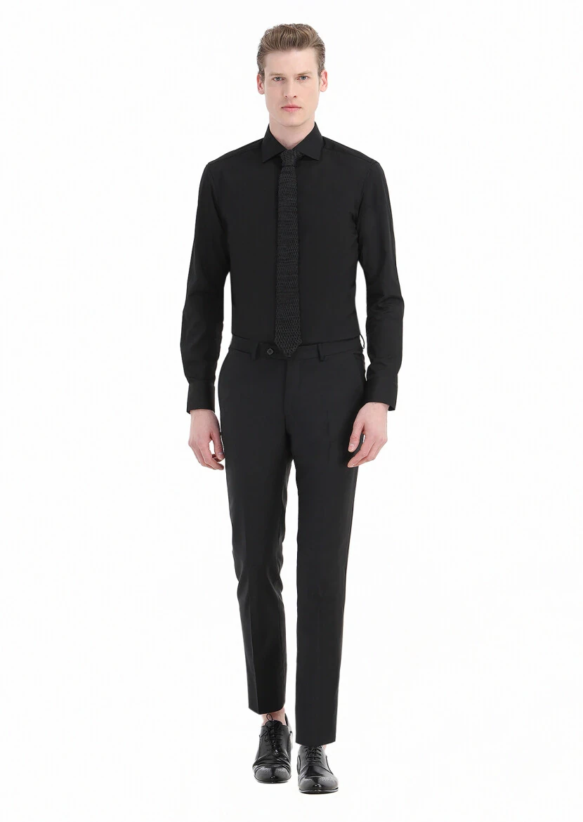 Siyah Düz Regular Fit Dokuma Klasik Pamuk Karışımlı Gömlek - 1