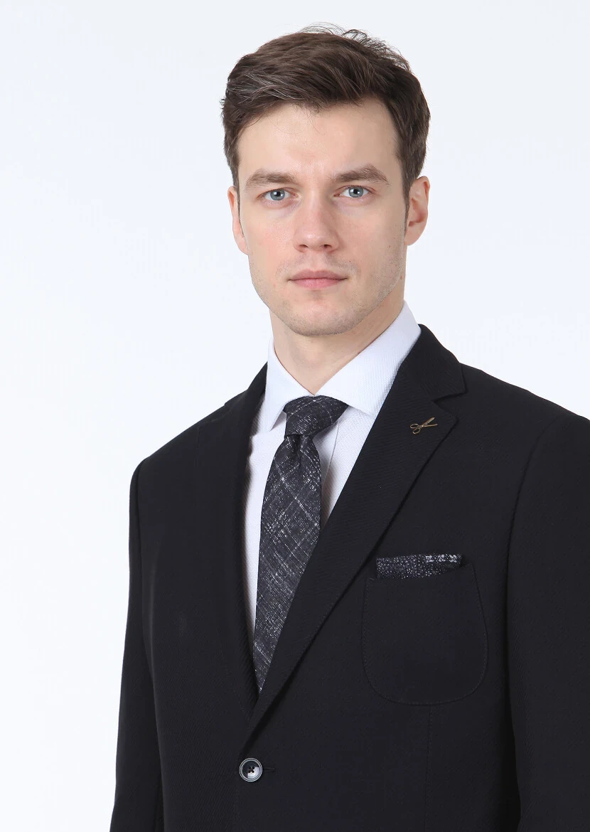 Siyah Düz Regular Fit Yün Karışımlı Ceket - 2