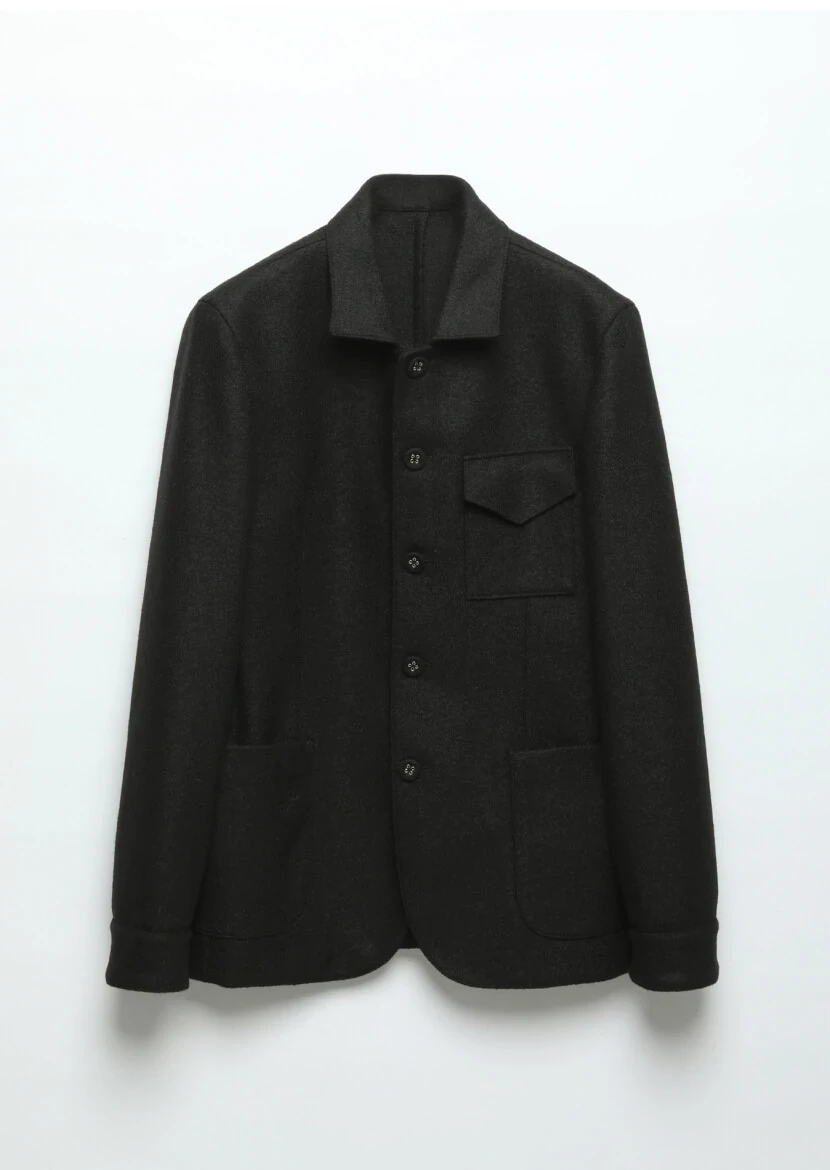 Siyah Düz Shirt Shoulder Slim Fit %100 Yün Örme Ceket - 7