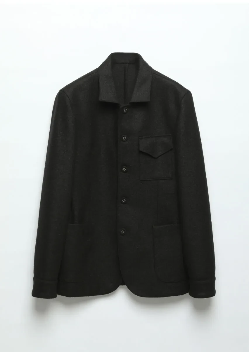 Siyah Düz Shirt Shoulder Slim Fit %100 Yün Örme Ceket - 7