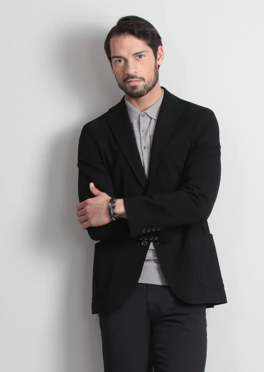 Siyah Düz Shirt Shoulder Slim Fit Örme Ceket - 1