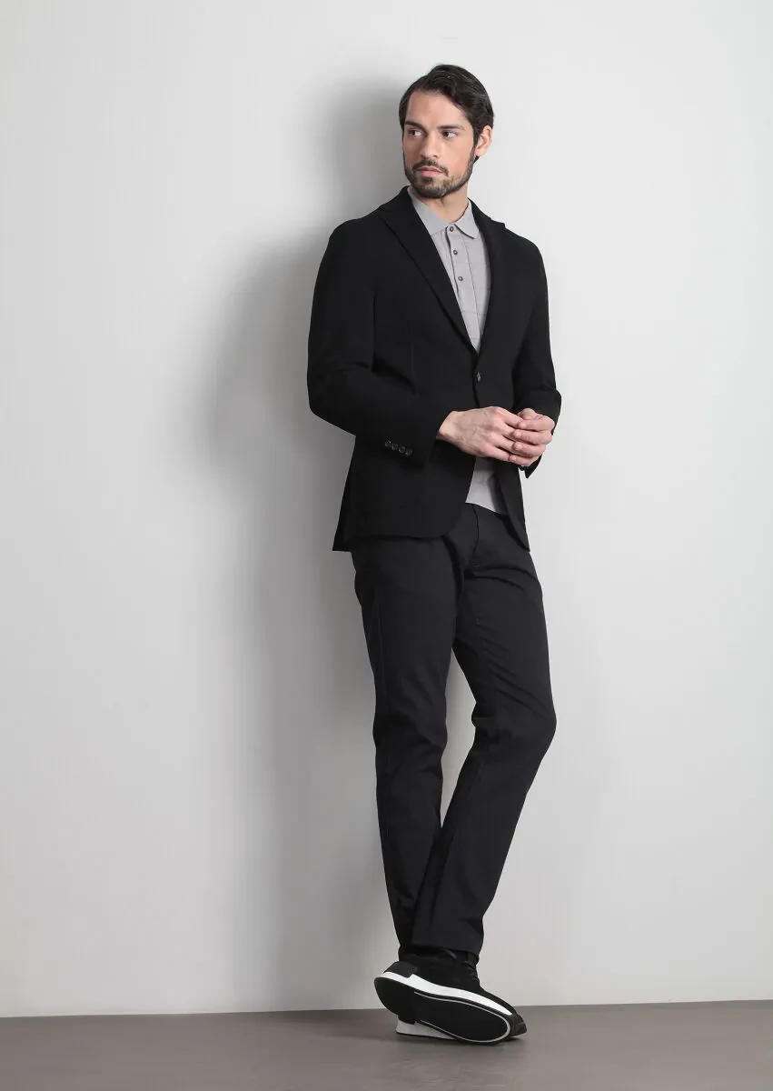 Siyah Düz Shirt Shoulder Slim Fit Örme Ceket - 2