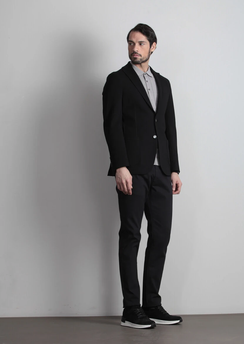 Siyah Düz Shirt Shoulder Slim Fit Örme Ceket - 3