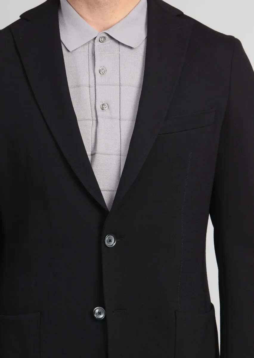 Siyah Düz Shirt Shoulder Slim Fit Örme Ceket - 4