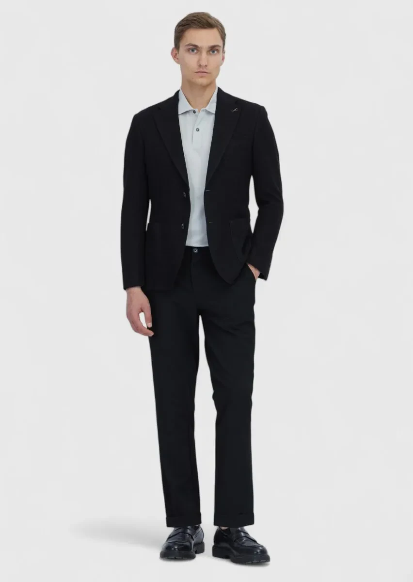 Siyah Düz Shirt Shoulder Slim Fit Pamuk Karışımlı Örme Ceket - 2