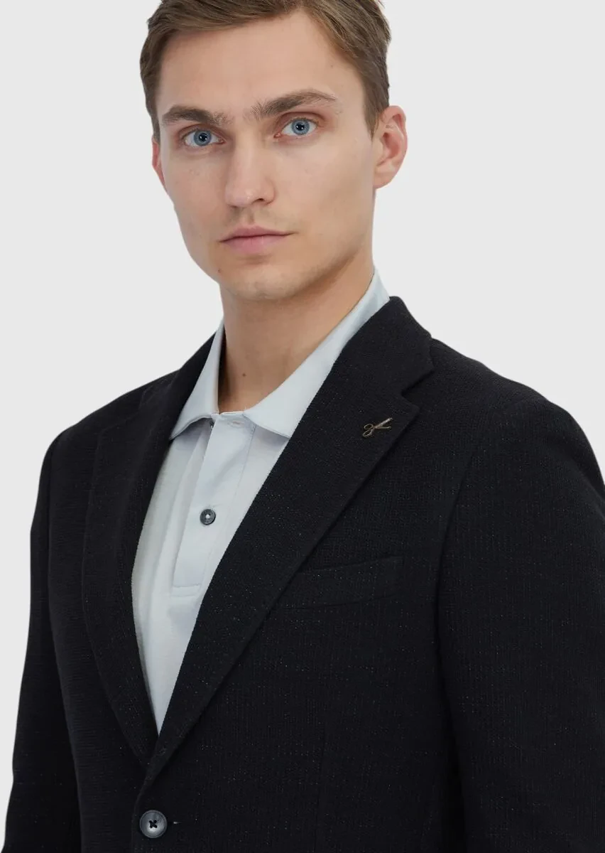 Siyah Düz Shirt Shoulder Slim Fit Pamuk Karışımlı Örme Ceket - 3