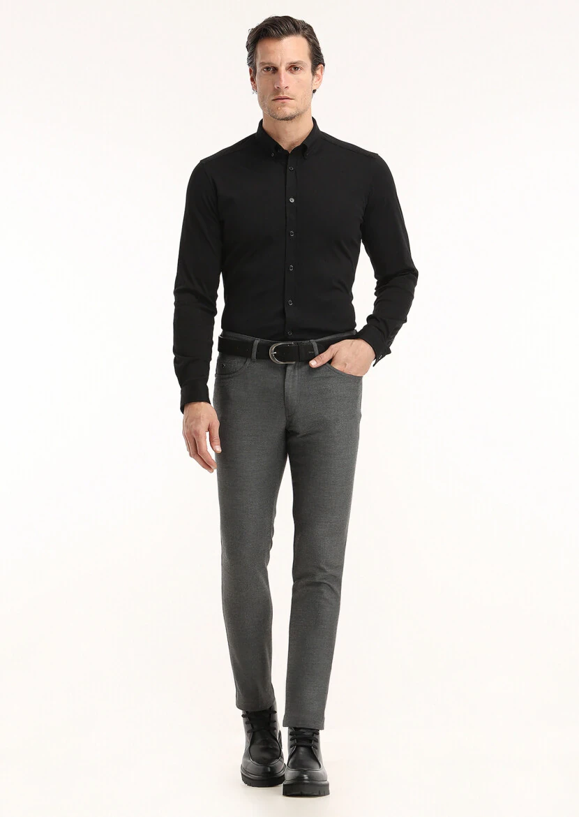 Siyah Düz Slim Fit Casual %100 Pamuk Gömlek - 1