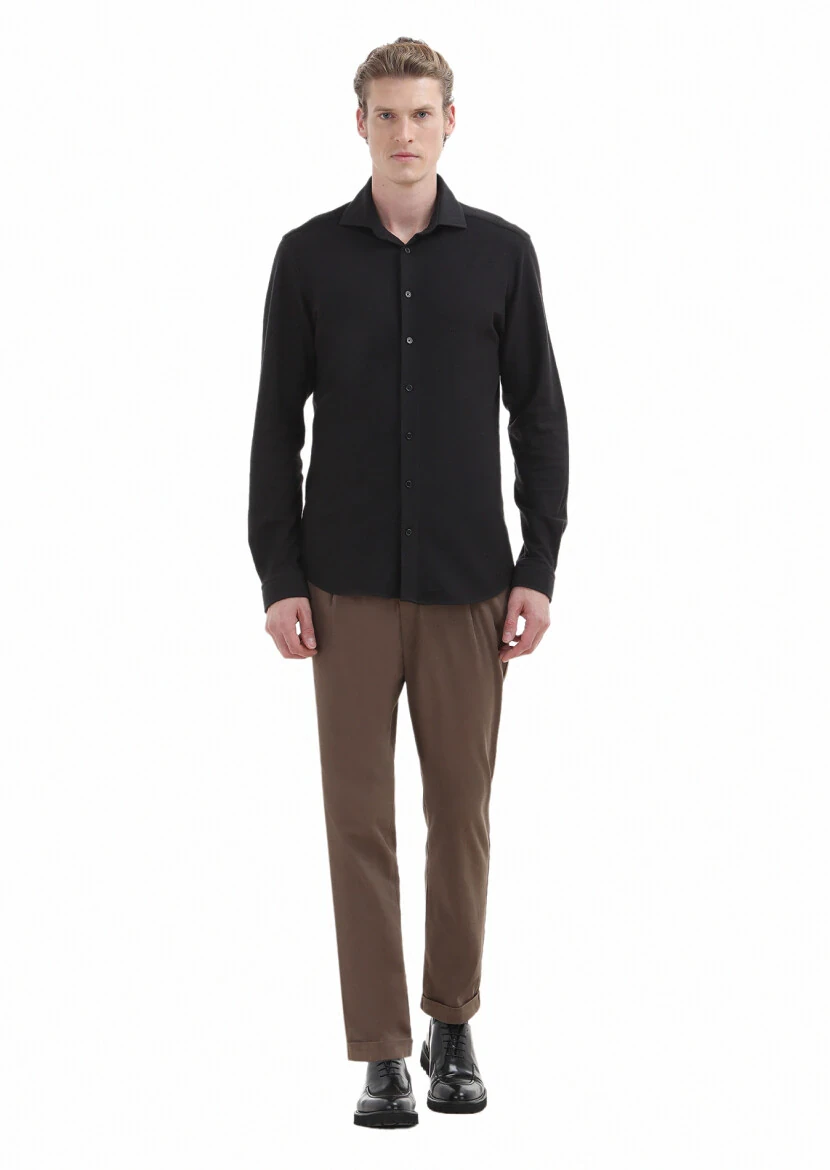 Siyah Düz Slim Fit Casual %100 Pamuk Gömlek - RAMSEY