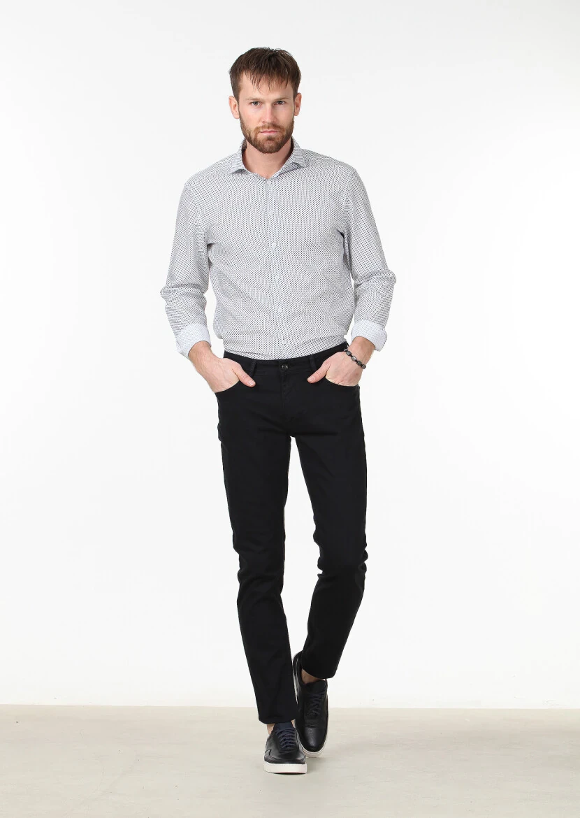 Siyah Düz Slim Fit Denim Pamuk Karışımlı Pantolon - 2