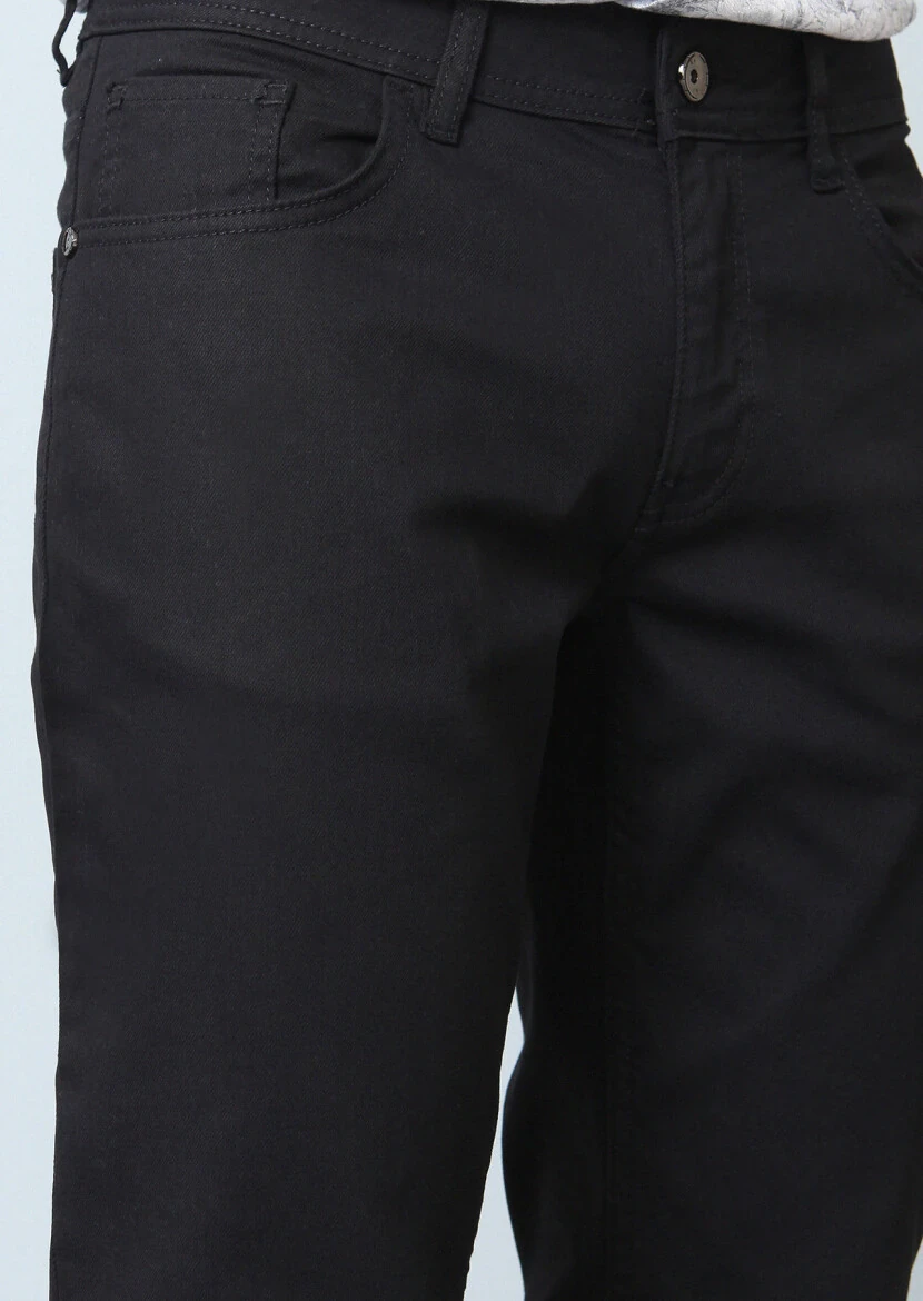 Siyah Düz Slim Fit Denim Pamuk Karışımlı Pantolon - 2