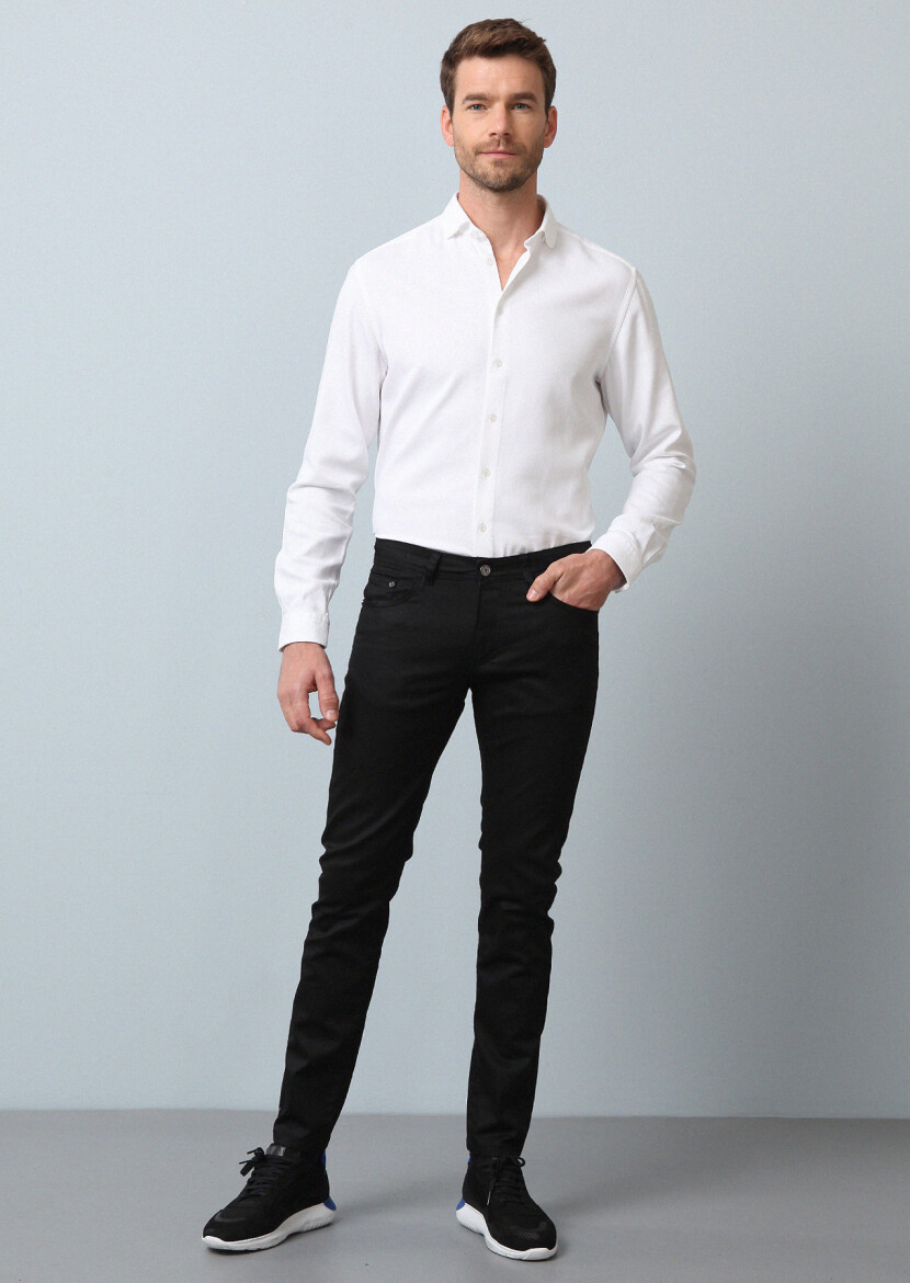 Siyah Düz Slim Fit Denim Pamuk Karışımlı Pantolon - 1