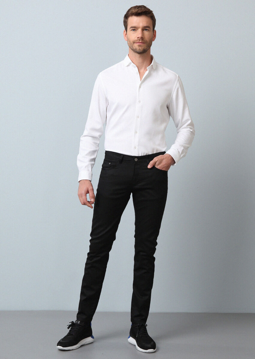 Siyah Düz Slim Fit Denim Pamuk Karışımlı Pantolon - 1