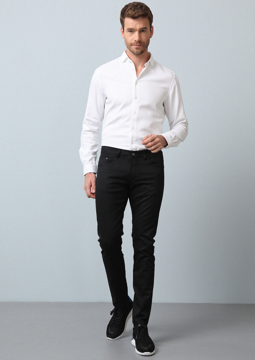 Siyah Düz Slim Fit Denim Pamuk Karışımlı Pantolon - 2
