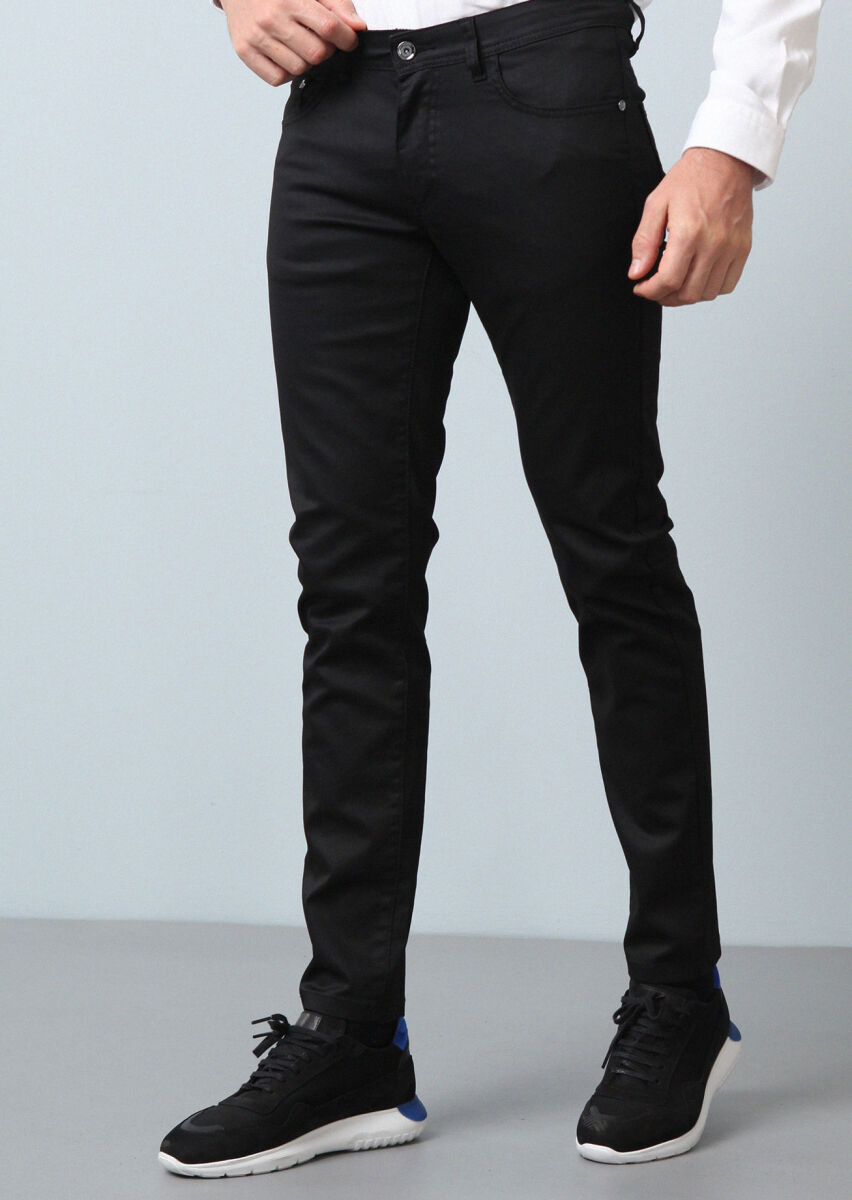 Siyah Düz Slim Fit Denim Pamuk Karışımlı Pantolon - 3