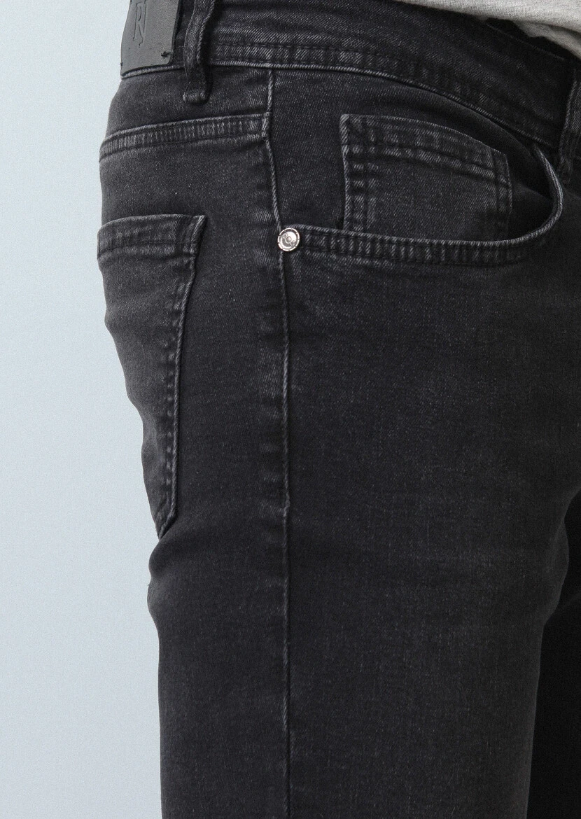 Siyah Düz Slim Fit Denim Pamuk Karışımlı Pantolon - 3