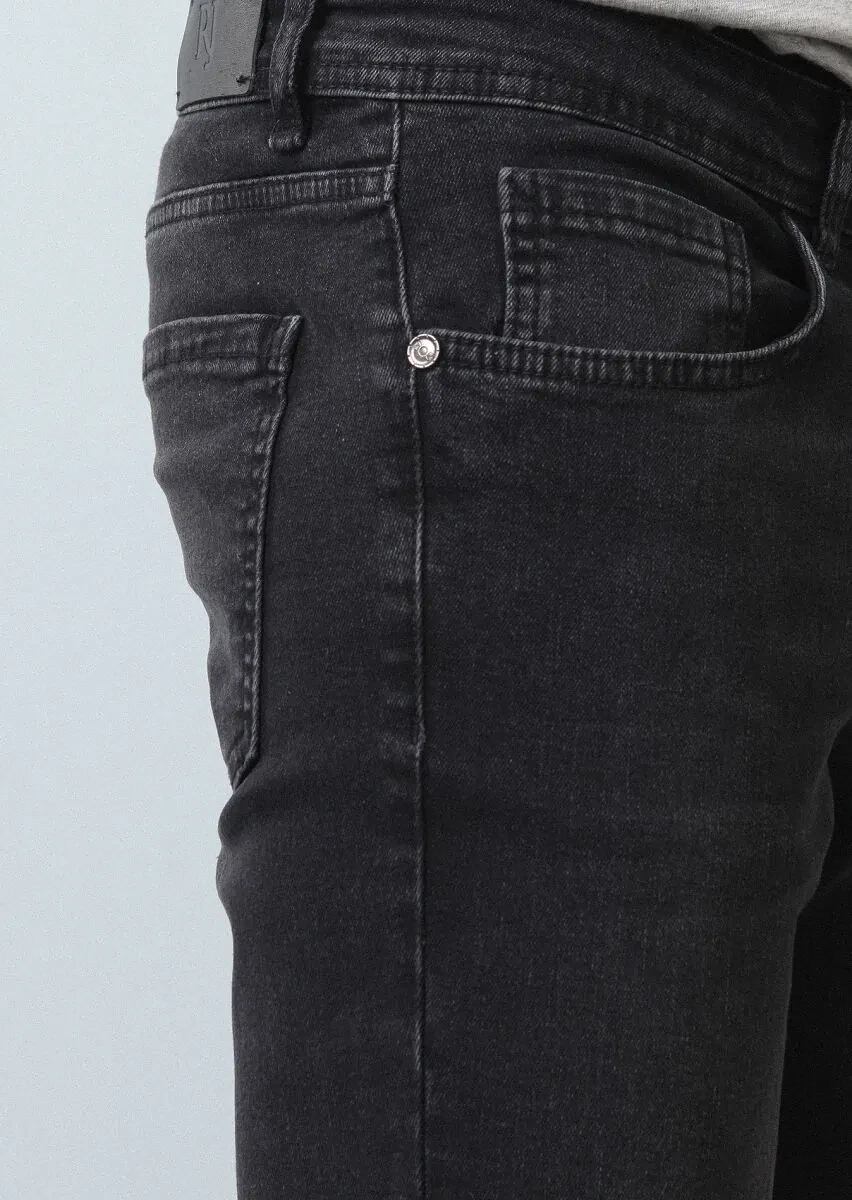 Siyah Düz Slim Fit Denim Pamuk Karışımlı Pantolon - 3