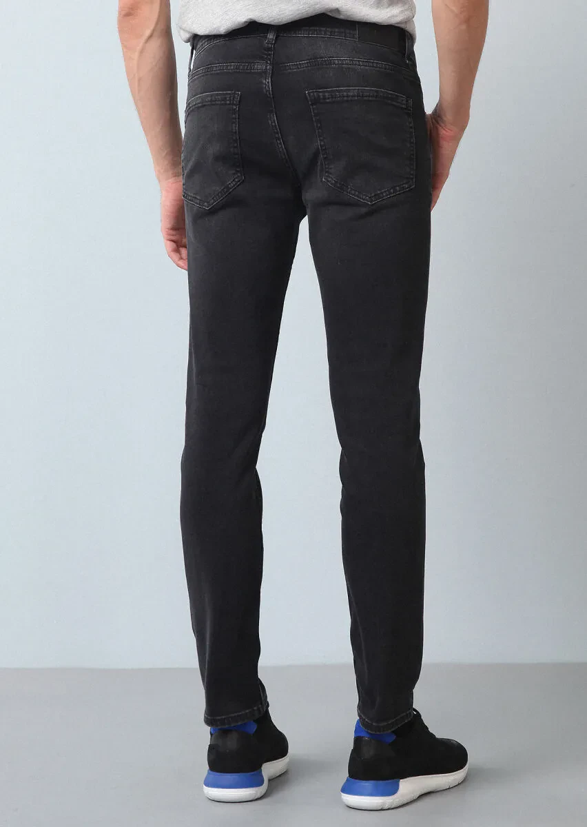 Siyah Düz Slim Fit Denim Pamuk Karışımlı Pantolon - 5