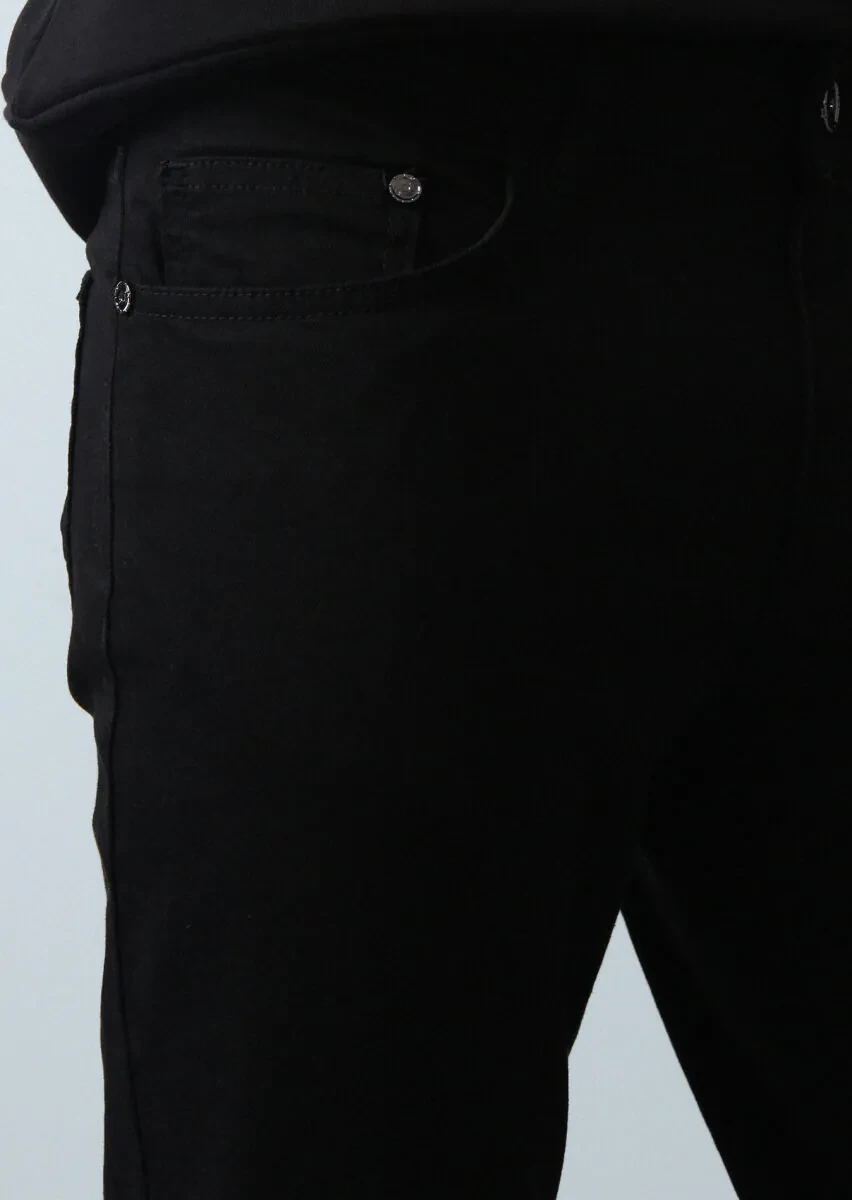 Siyah Düz Slim Fit Denim Pamuk Karışımlı Pantolon - 4