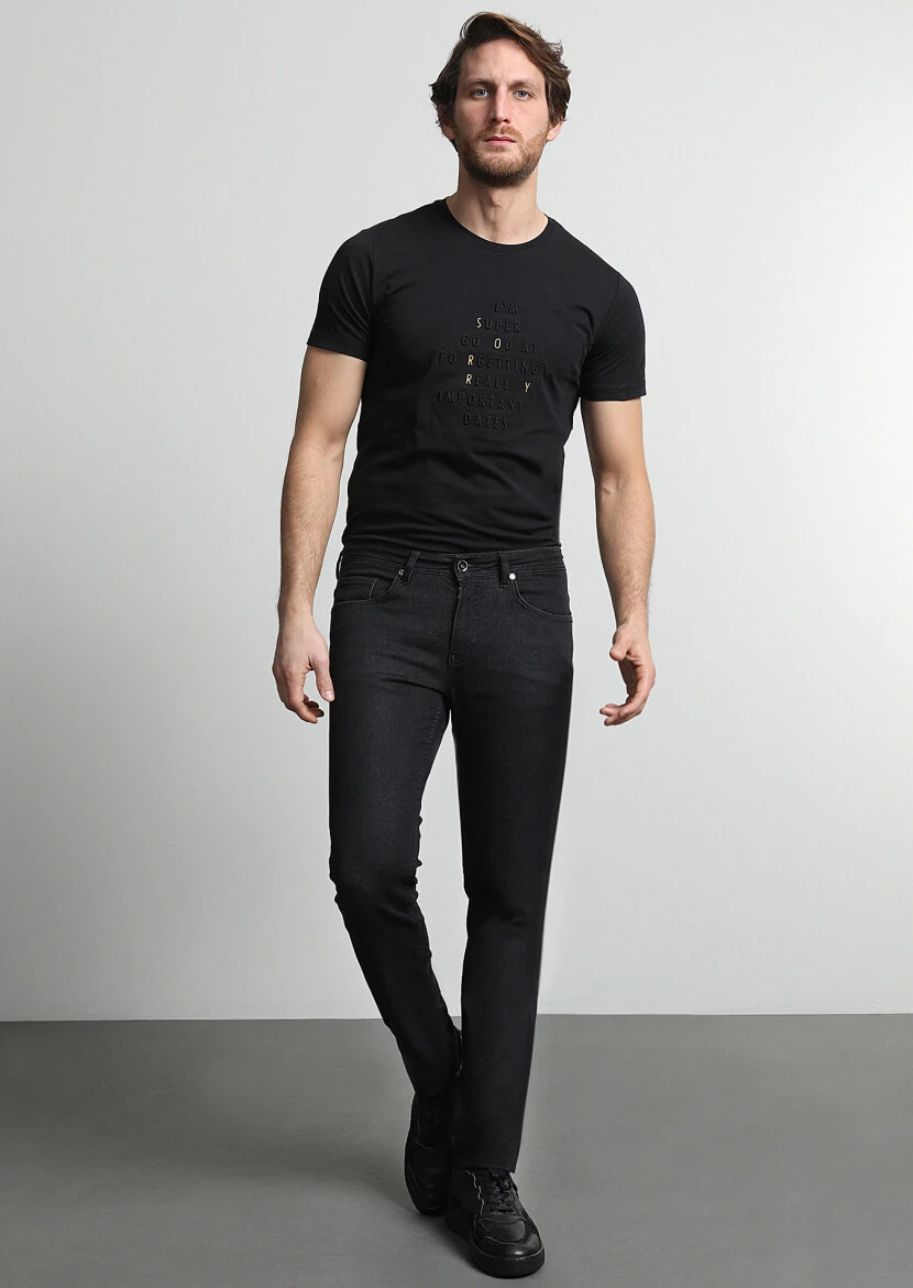 Siyah Düz Slim Fit Denim Pamuk Karışımlı Pantolon - 1