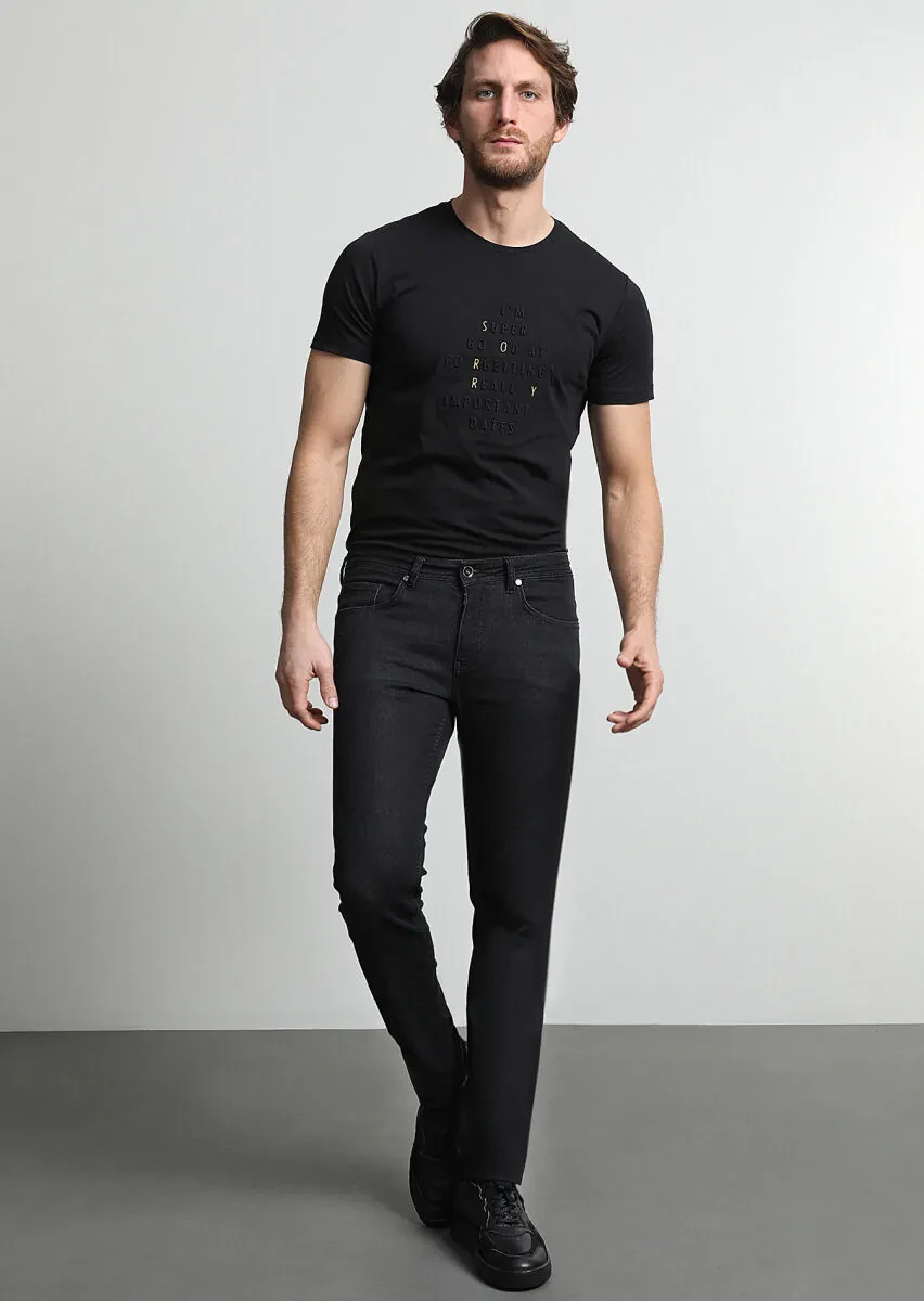 Siyah Düz Slim Fit Denim Pamuk Karışımlı Pantolon - 1