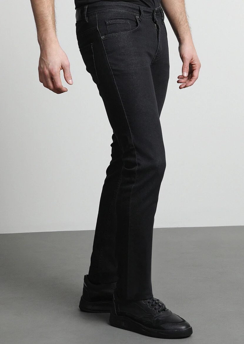 Siyah Düz Slim Fit Denim Pamuk Karışımlı Pantolon - 3