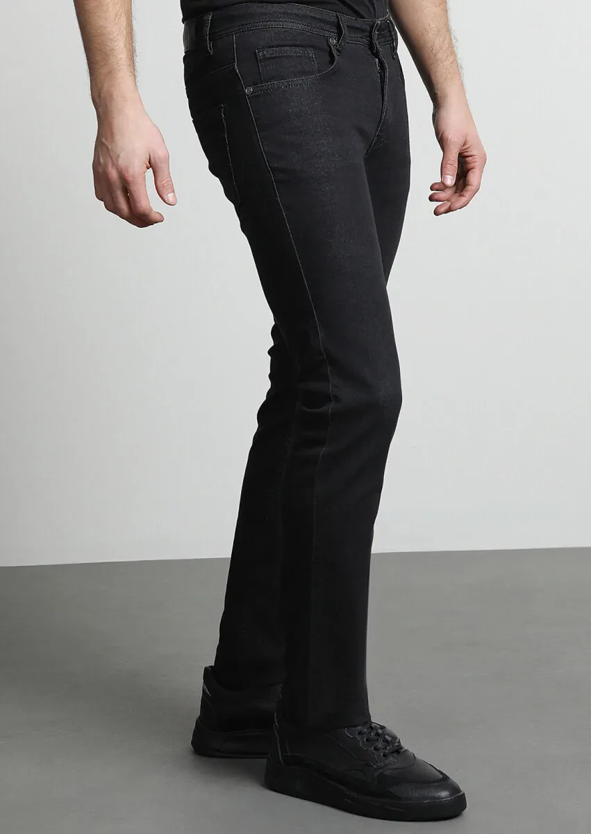 Siyah Düz Slim Fit Denim Pamuk Karışımlı Pantolon - 3