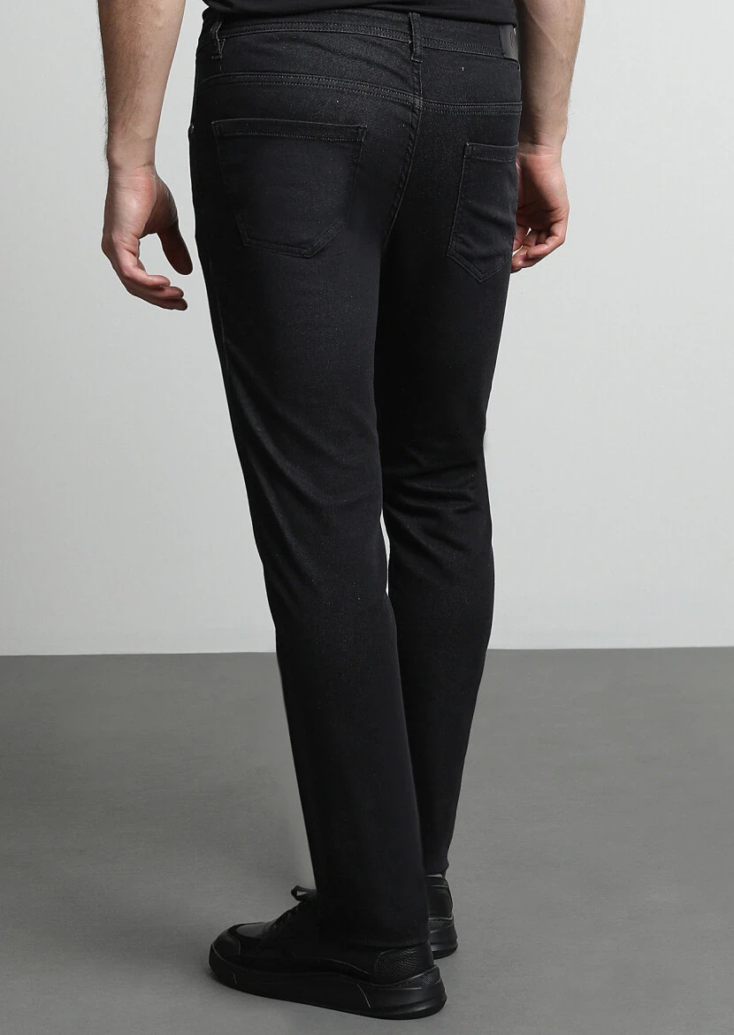 Siyah Düz Slim Fit Denim Pamuk Karışımlı Pantolon - 4