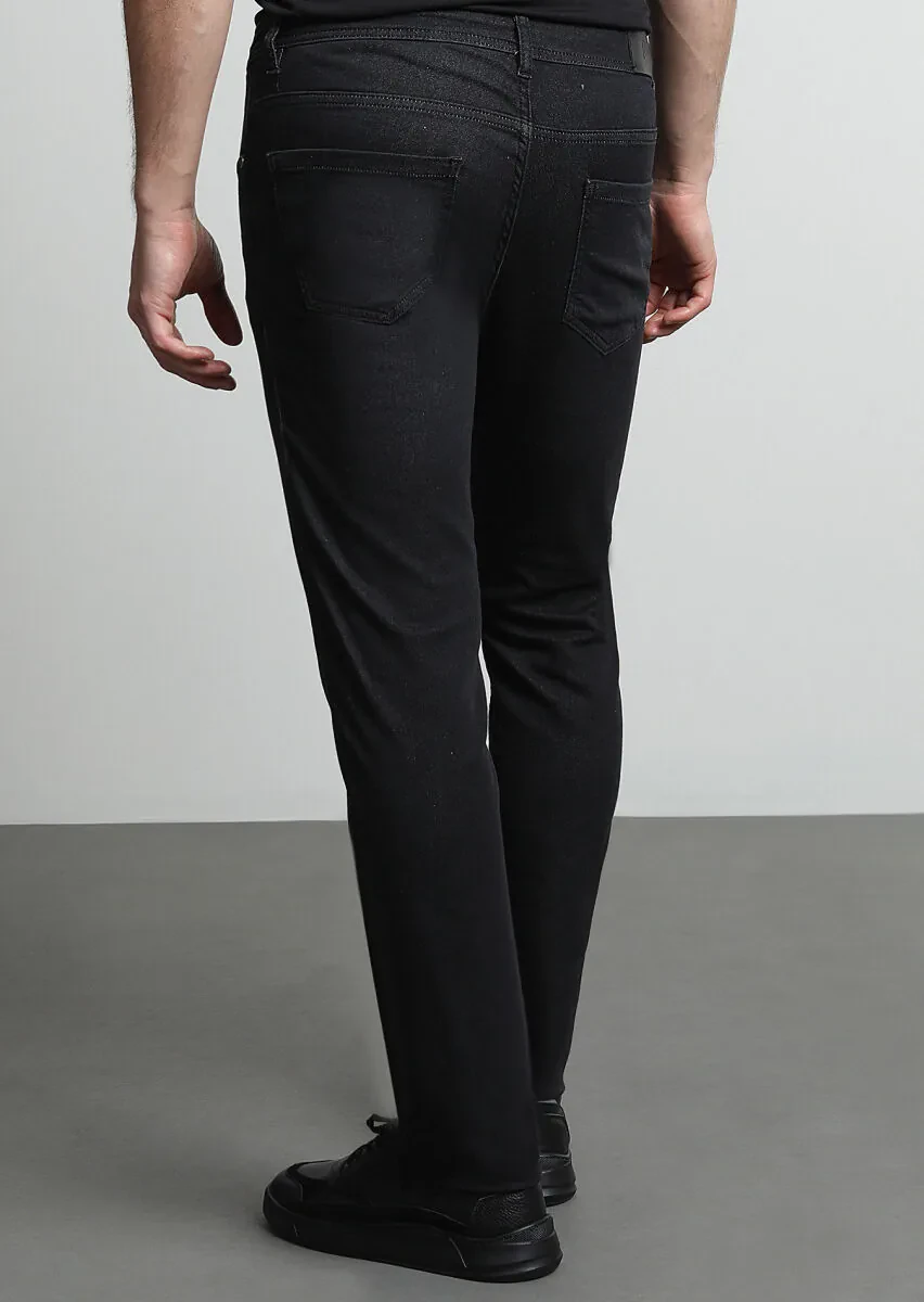 Siyah Düz Slim Fit Denim Pamuk Karışımlı Pantolon - 4