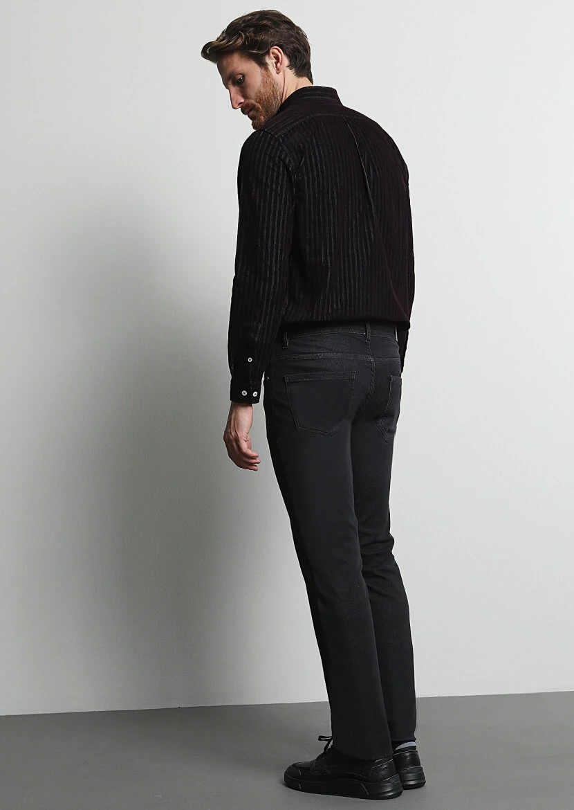 Siyah Düz Slim Fit Denim Pamuk Karışımlı Pantolon - 5